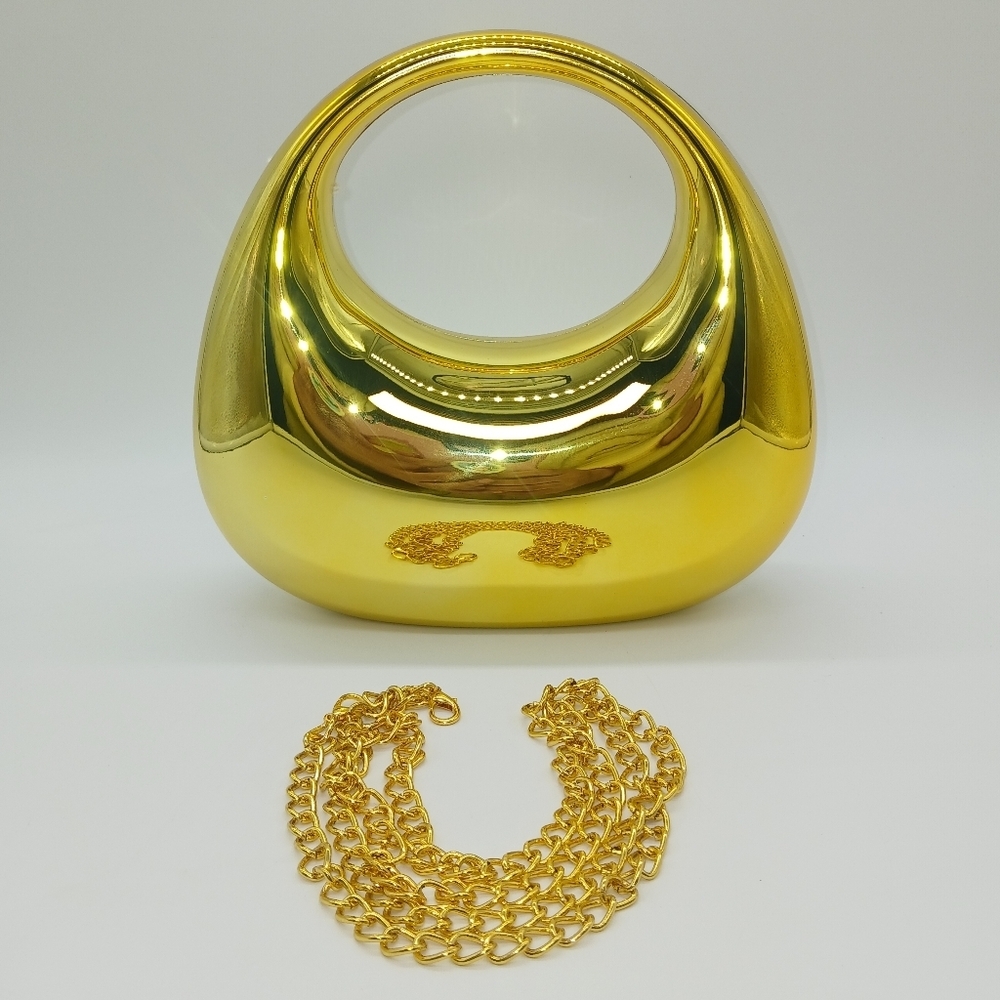 Gold Crescent Shaped Metal Look Acrylic Shoulder Handbag - Picture 1 of 4